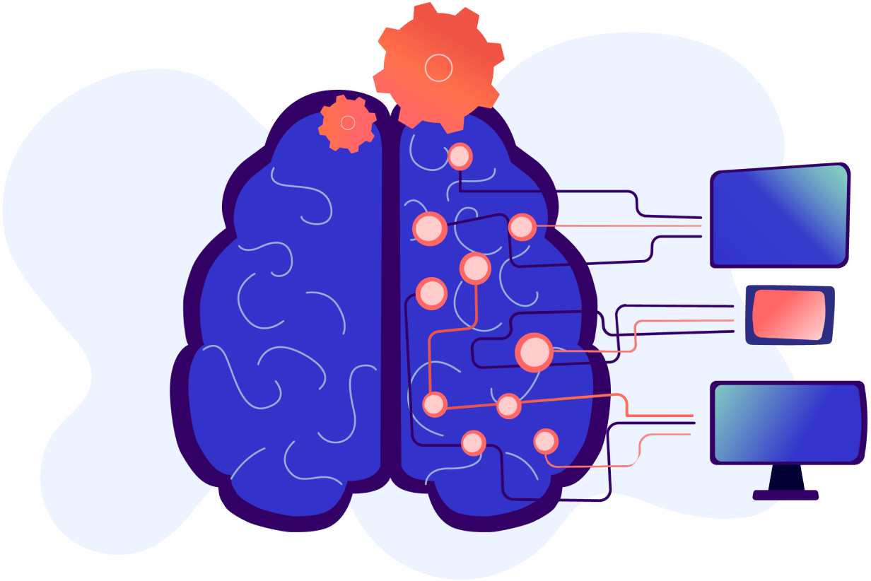 Illustration of brain with computer monitors attached to it